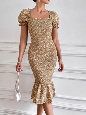 Brown Floral Midi Dress with Puff Sleeves